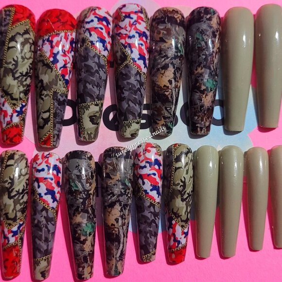 Green Camouflage Design Ballerina Press on Nails - Picture 3 of 3